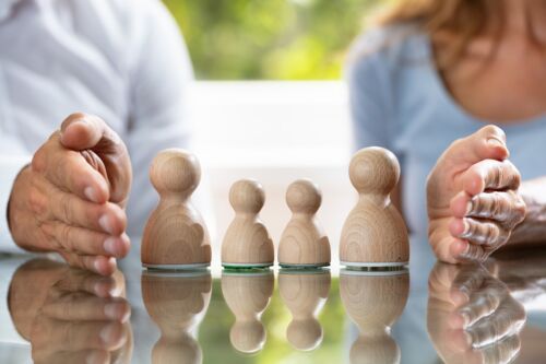 Couple's Hand Protecting Wooden Pawn Family